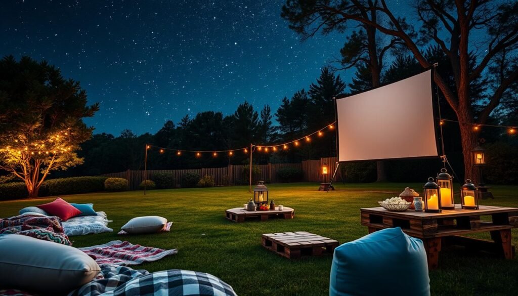 cozy outdoor movie setting