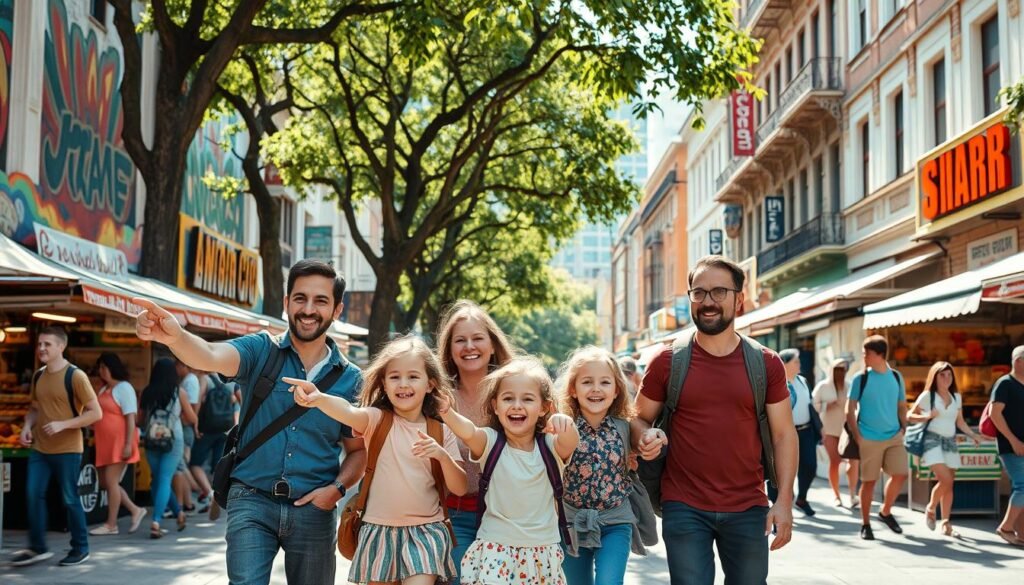 family exploring a city