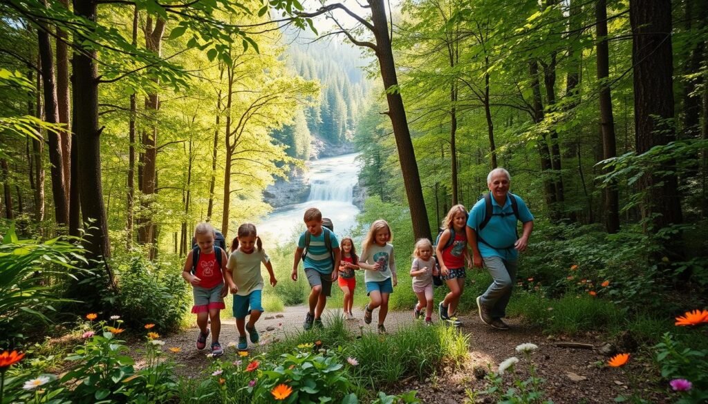 family exploring nature